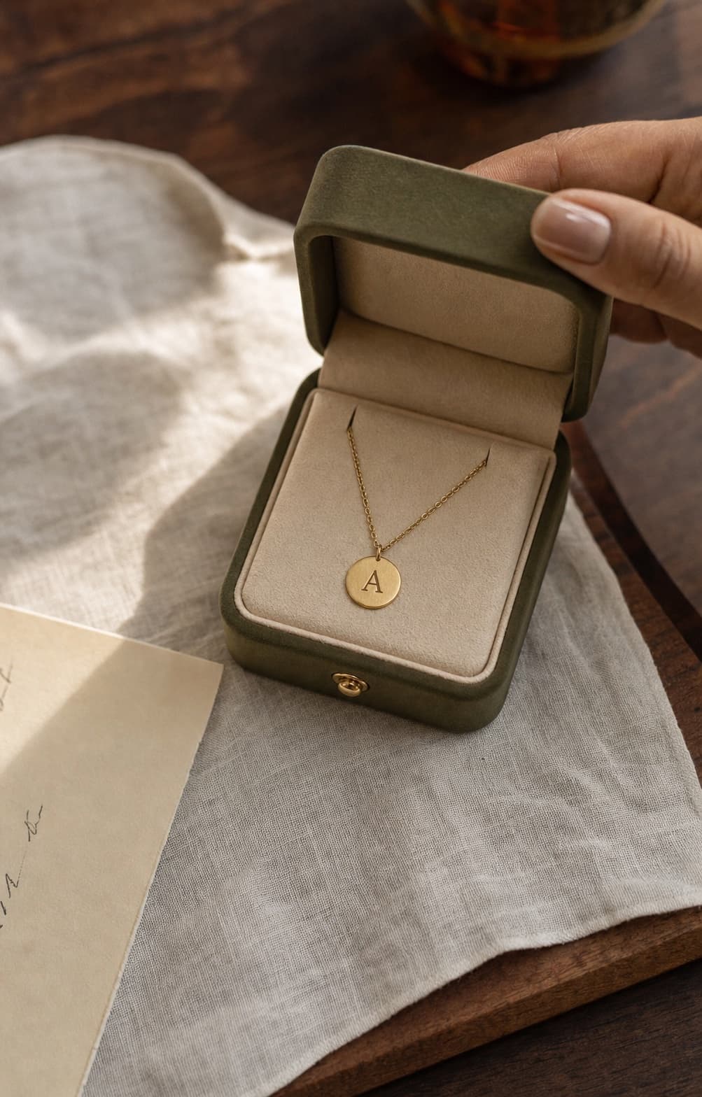 Gold initial pendant presented inside an olive jewellery box