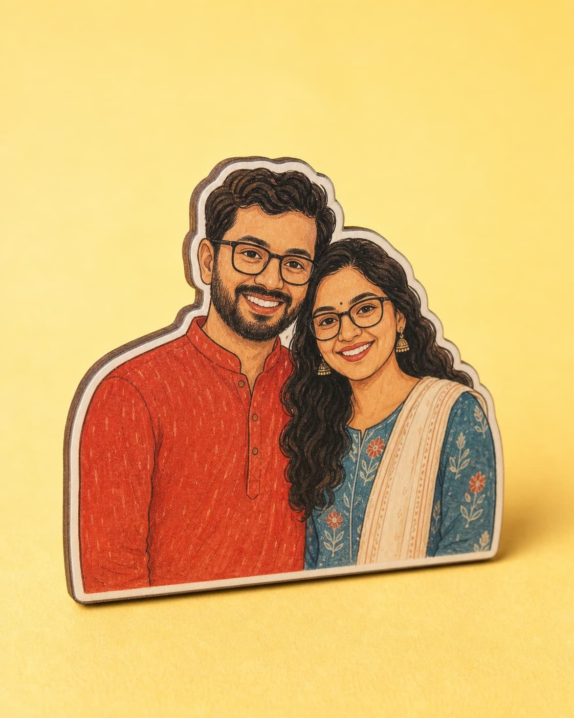 Illustrated couple portrait fridge magnet on a butter yellow background