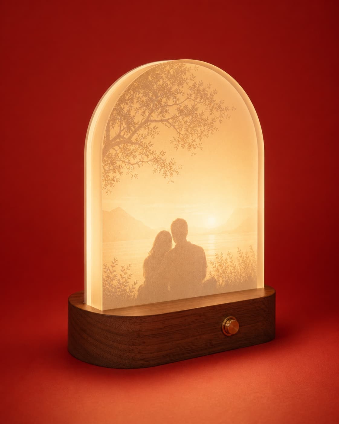 Warm personalised keepsake lamp on a tomato red backdrop