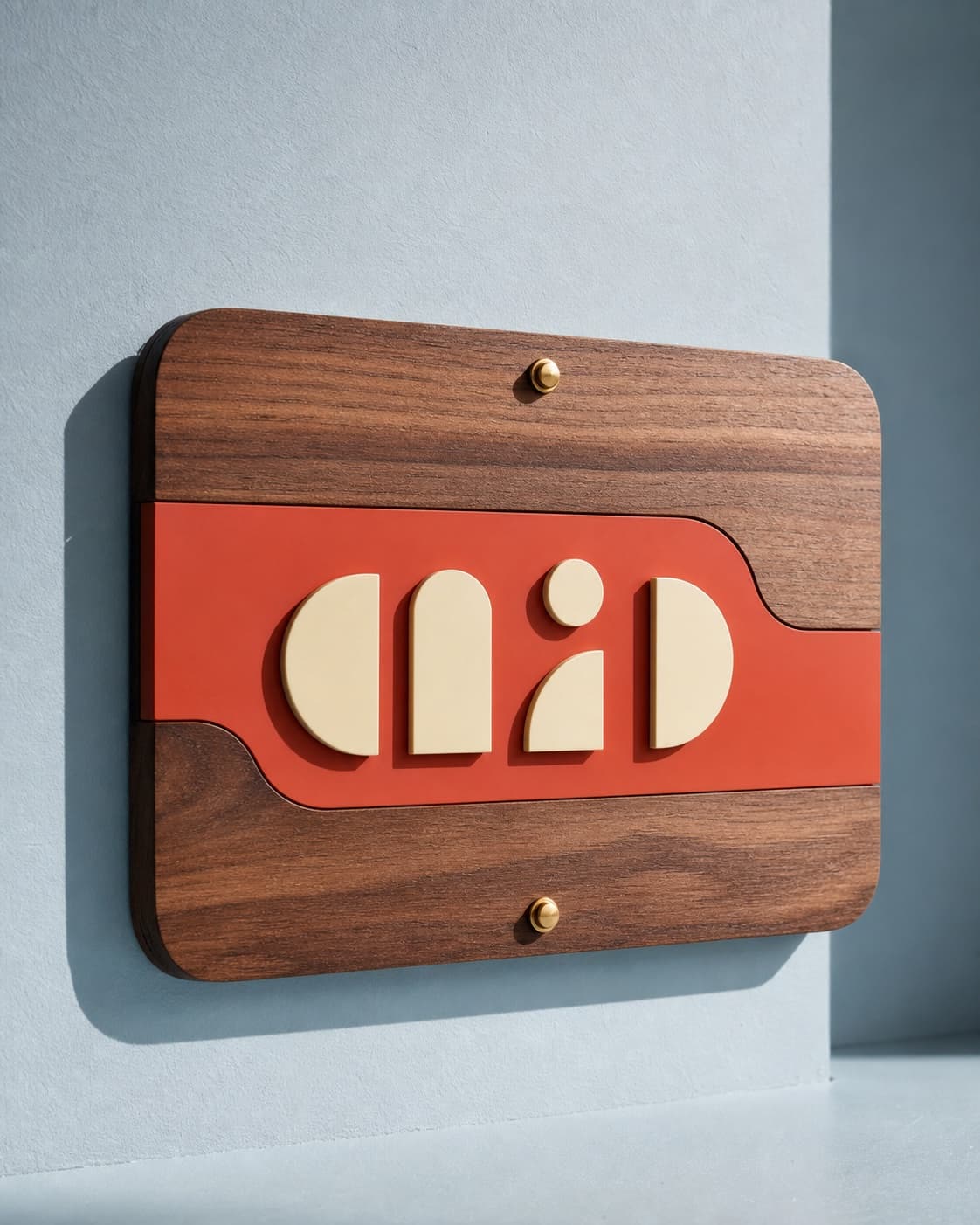 Layered walnut and tomato-red home nameplate on a blue wall