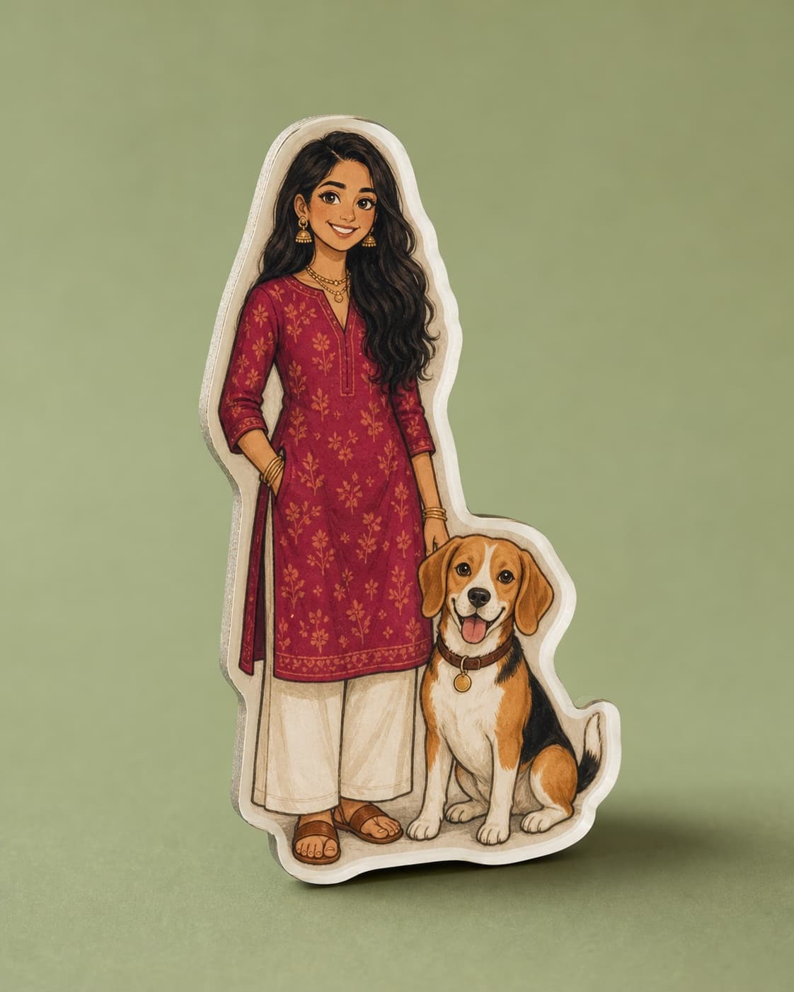 Illustrated woman and pet dog fridge magnet on a sage background