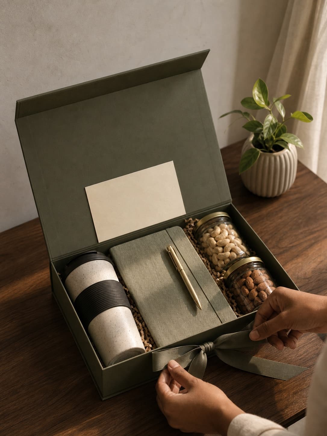 Hands finishing the ribbon on a considered corporate gift hamper