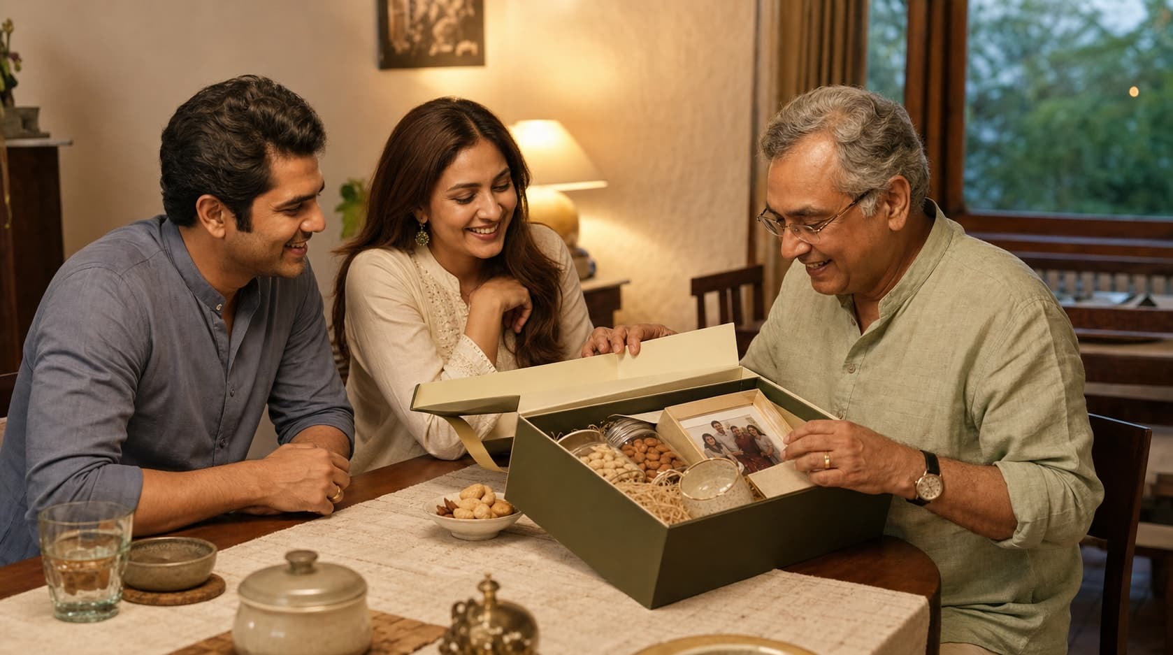 Three adults across two generations opening a thoughtful gift together