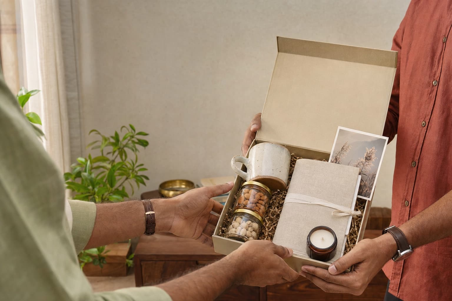 Two adults exchanging a thoughtfully composed gift hamper