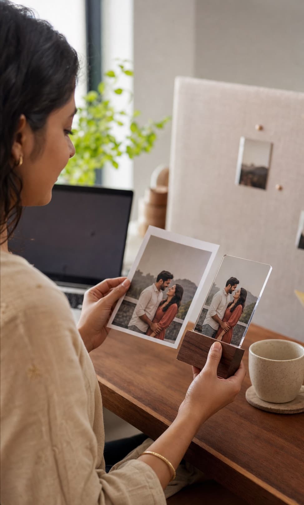 A maker comparing a personal photograph with its finished acrylic keepsake