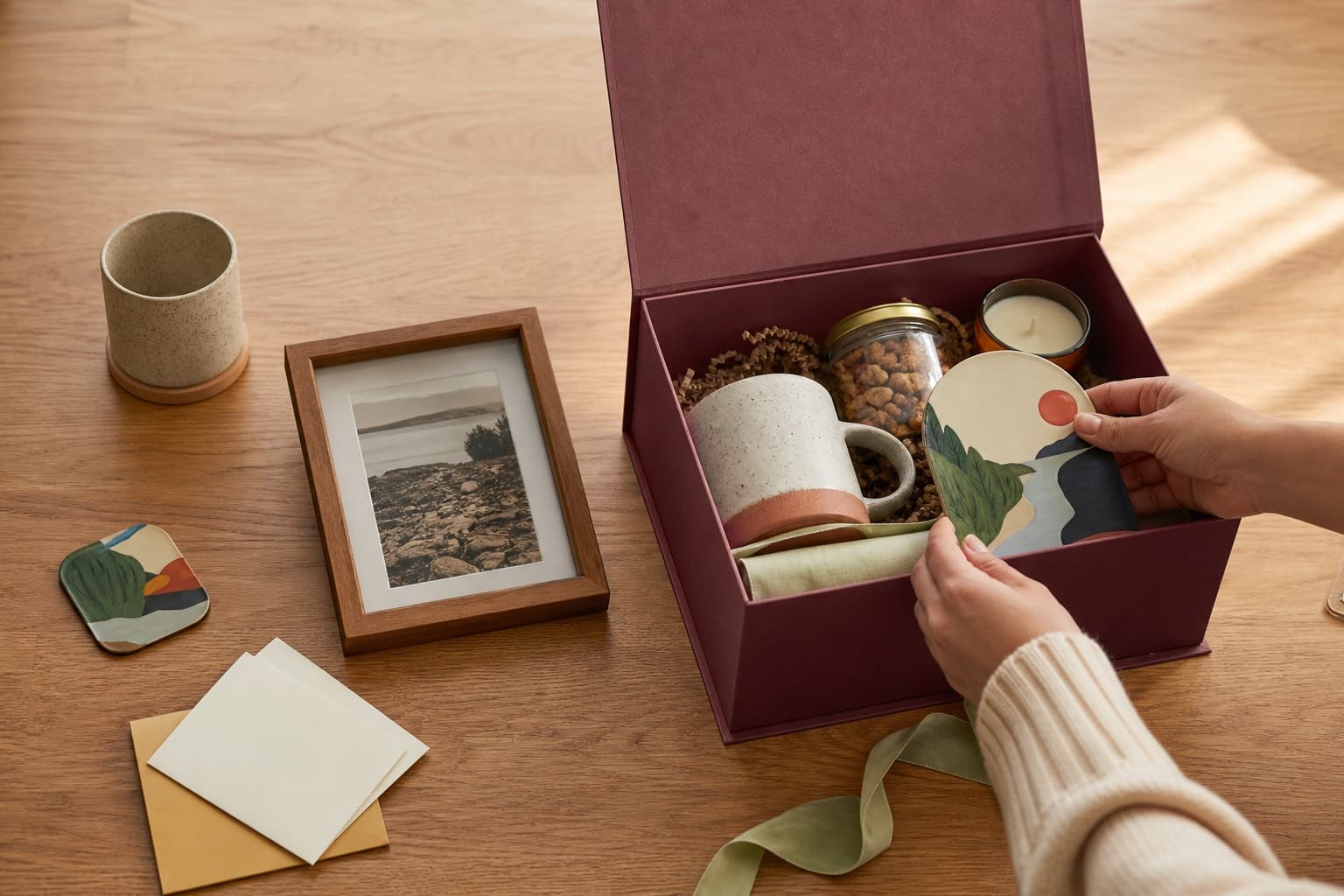 Hands composing a gift box from a frame, ceramic cup, treats and illustrated keepsake