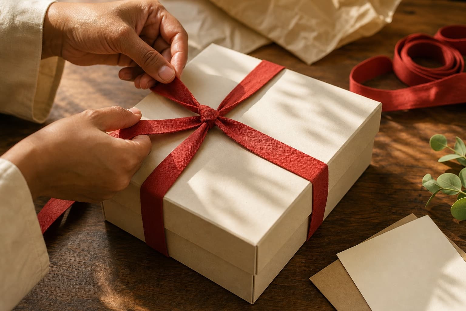 Hands finishing a cream gift box with a tomato-red ribbon